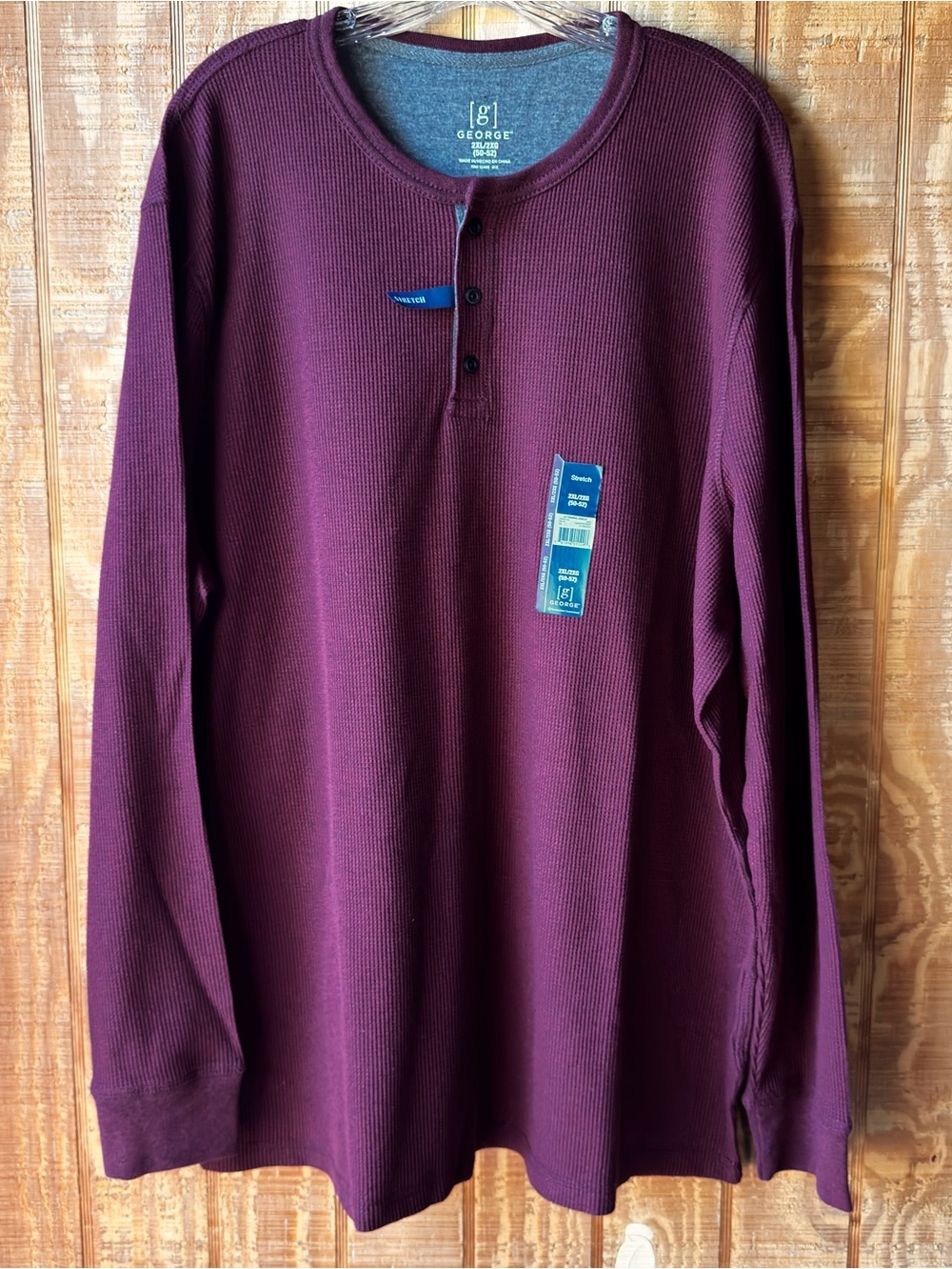 GEORGE Men's XXL Wine Thermal Henley Shirt NEW Waffle Knit Long Sleeve Outdoor